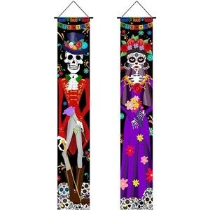 2 Pcs Day of The Dead Decorations Porch Sign Door Banners Dia De Los Muertos